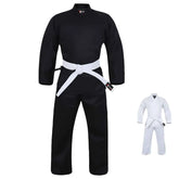 Schwarzer Rewon Karateanzug mit weißem Gürtel, strapazierfähige Polyester/Baumwolle, ideal für Boxen, Fitness, Kampfsporttraining.